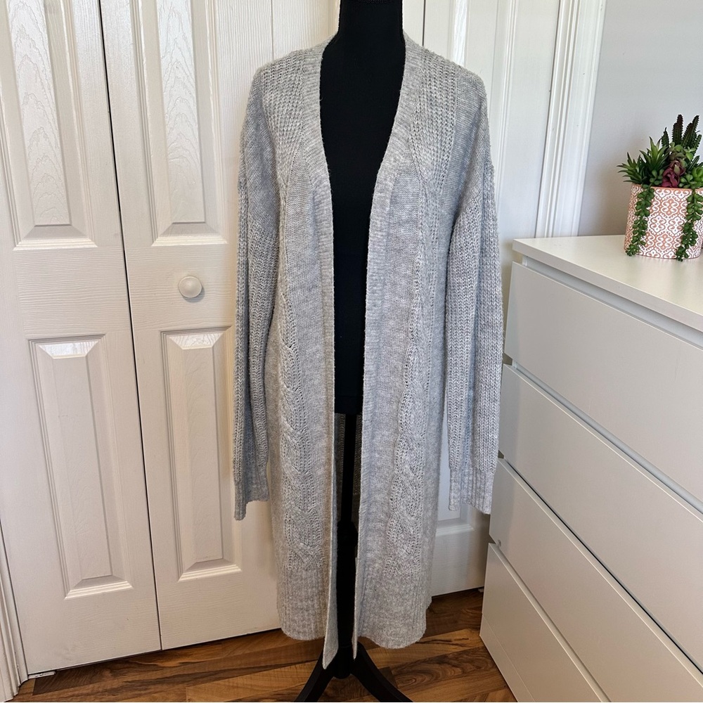 Absolutely Famous Long Open-Front Cardigan Sweater Light Gray Size Large